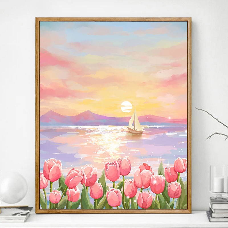 tulip flower sea digital oil painting diy rabbit flower landscape coloring painting filled graffiti acrylic painting customization