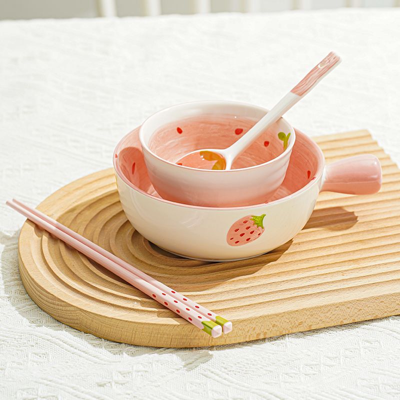 strawberry rice bowl spoon lovely pink girl heart ceramic spoon salad bowl handle bowl spoon set home and dormitory household