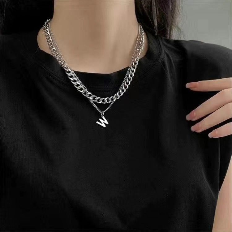 [letter customization] get the same style hip-hop fashion titanium steel w letter collarbone necklace non-fading ins men‘s and women‘s necklaces