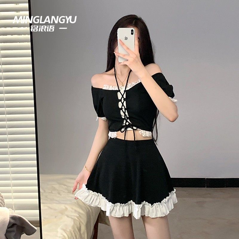 south korea new split simple ins internet celebrity fresh swimwear sexy swimsuit women‘s small chest hot spring bikini high waist