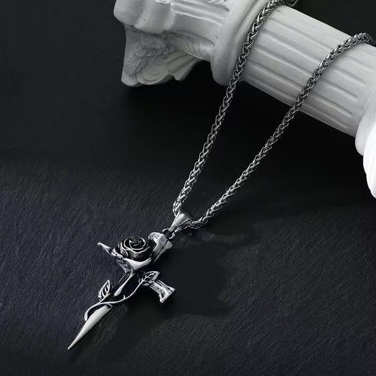 retro thorn rose necklace men‘s fashion brand ins cold style long sweater chain women‘s all-match cross pendant