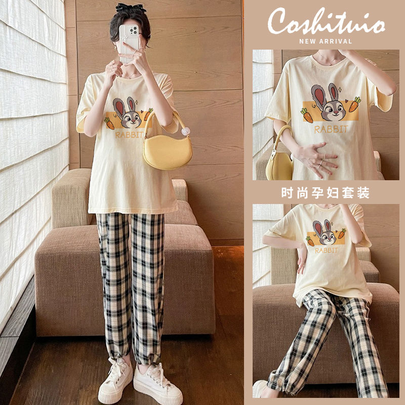 maternity top summer fashion cartoon short sleeve t-shirt loose casual plaid ankle banded pants younger pregnant women suit