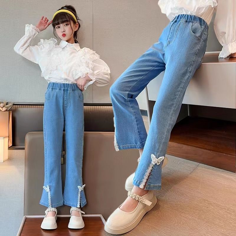 girls‘ jeans spring and autumn new girls‘ korean style fashionable bell-bottom pants children teens babies thin and all-matching pants