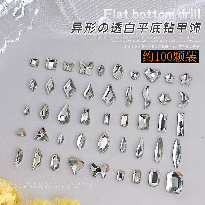 100 pcs nail art white flat bottom fancy shape diamonds big small size mini water drop love heart square gold bottom artificial diamond decoration ornament