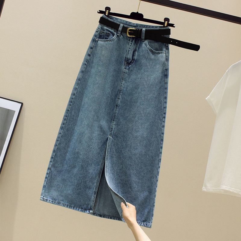 high waist slit denim skirt women‘s spring and autumn 2023 new summer mid-length small a- line sheath long skirt