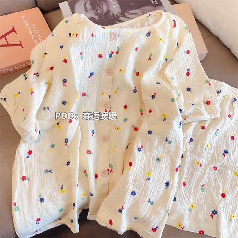 japanese ins baby cotton gauze pajamas women‘s summer short sleeve sweet round neck new student homewear suit