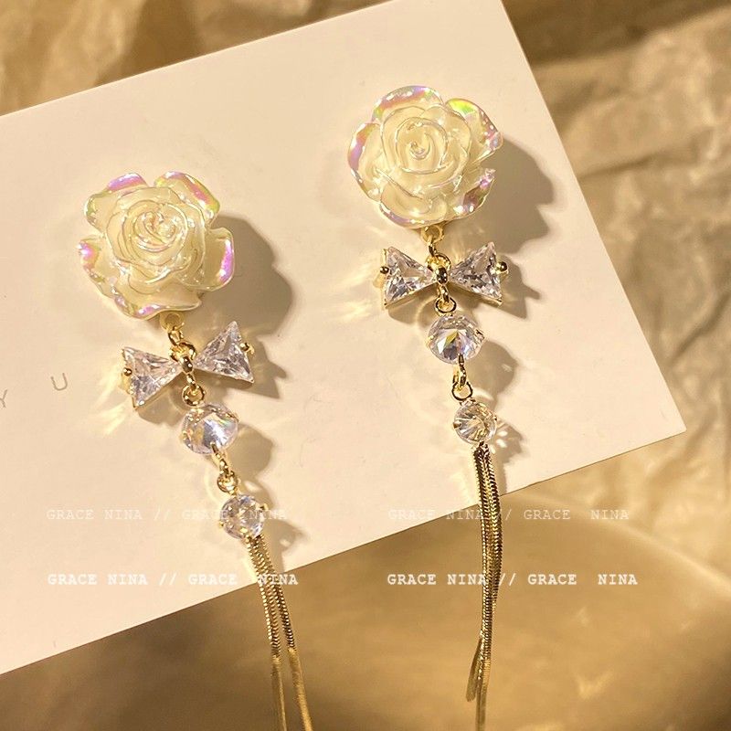 ins white rose tassel earrings women‘s light luxury design high-grade earrings 2023 new fashion graceful ear ornaments