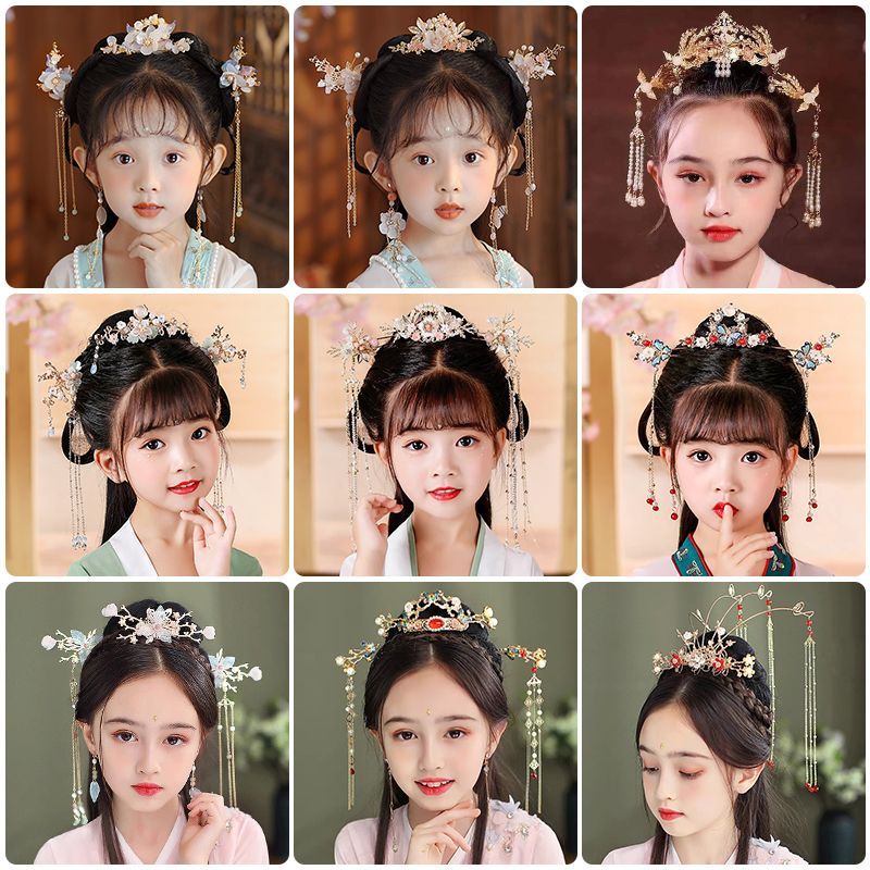 children‘s han chinese costume headdress set super fairy girl tassel hairpin tuinga full set ancient style dangling ornament hair clasp ancient costume decoration