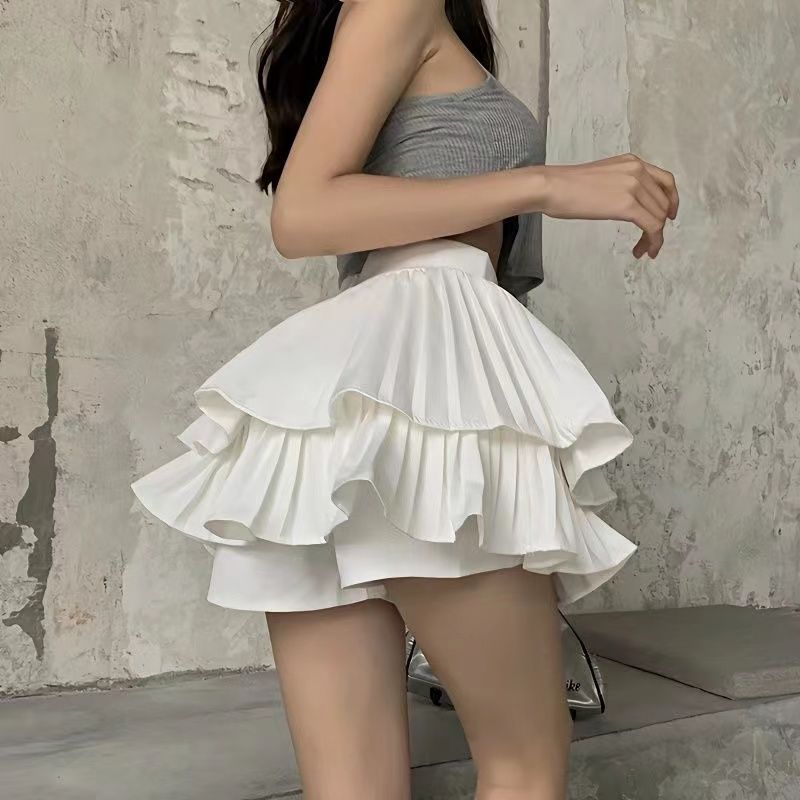 double layer cake pleated skirt 2023 new summer anti-exposure girl short culottes high waist a- line pettiskirt