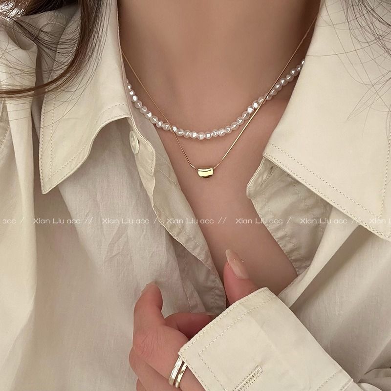 women‘s special-shaped pearl double-layer necklace light luxury minority high-grade clavicle chain versatile decorative design sense necklace accessories