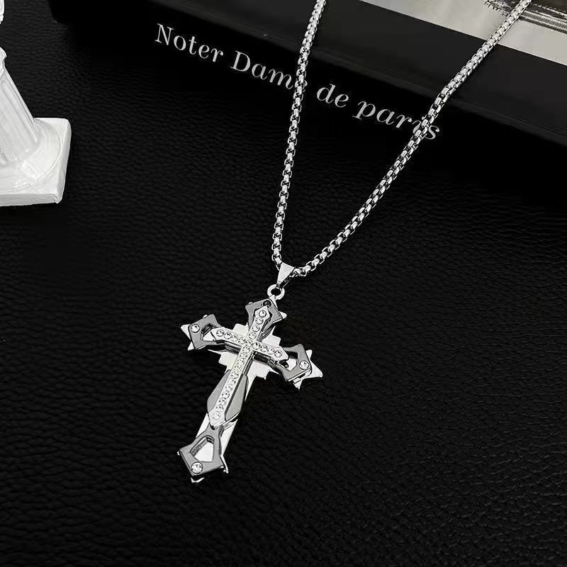 three-layer cross titanium steel no fading necklace men‘s and women‘s korean-style domineering hip hop pendant handsome fashion student accessories