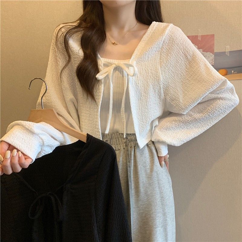 white lace-up lantern sleeve thin 2024 spring and summer new simple loose all-match sunscreen cardigan short coat for women