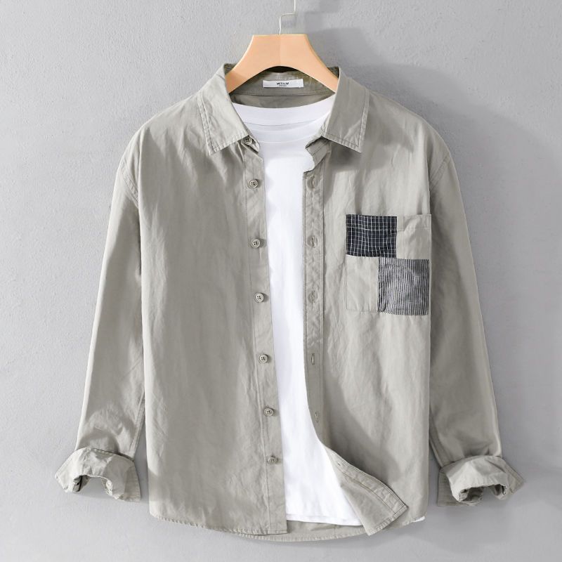 handsome men‘s long-sleeved shirt spring and summer loose fresh comfortable all-matching youth simplicity color matching casual men‘s shirt