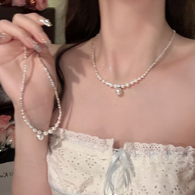 xiaohongshu same style fashionable silver-broken strong light pearl s925 silver gradient necklace niche design high-grade clavicle chain