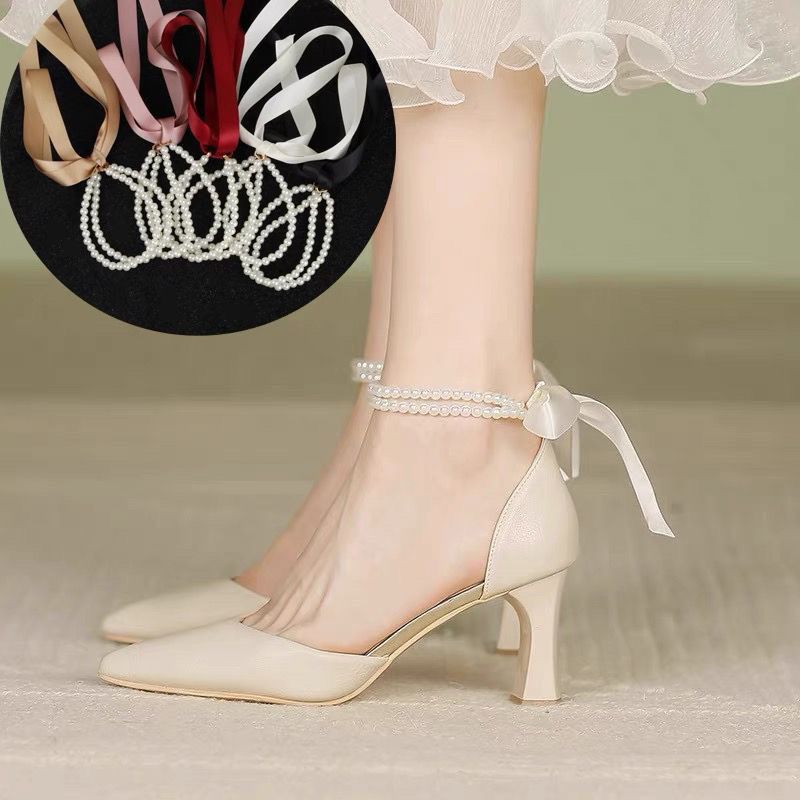 double-layer pearl shoe chain high heel shoes accessories shoelace accessories french style retro anti-slip shoes large heel strap