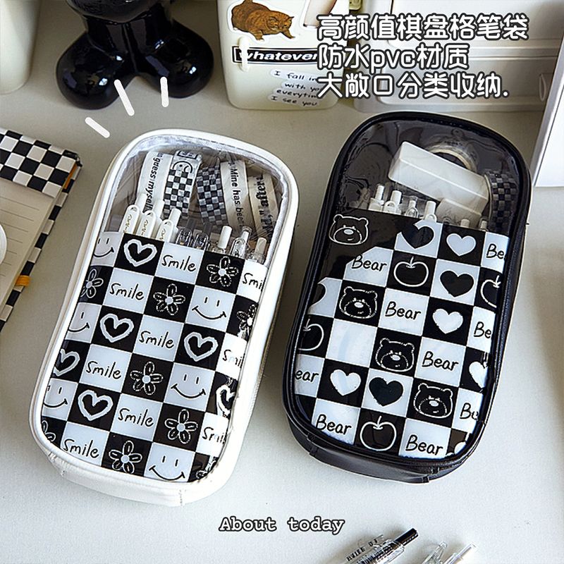 Korean Style Chessboard Grid Large Capacity Pencil Case Mori Style Student Good-looking Pencil Bag Big Simple Opening New Pencil Box