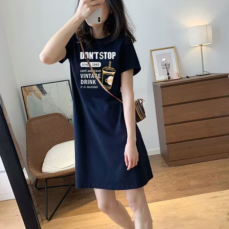 high-end simple printed korean-style short-sleeved dress for women summer commuter slimming versatile belly-covering midi dress