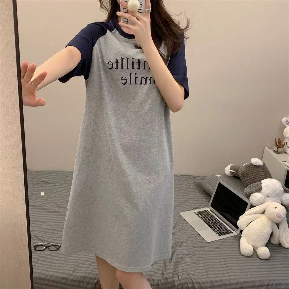 new nightdress women‘s summer south korea ins style dormitory short sleeve pajamas thin round neck pajamas dress homewear