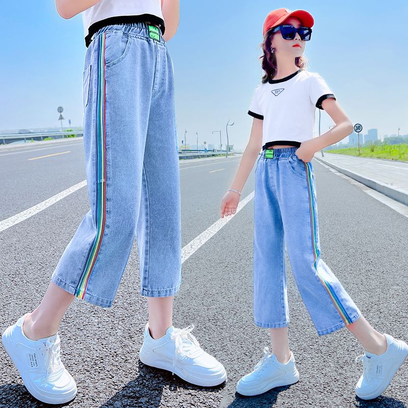 girls‘ summer cropped pants middle and big children summer new fashionable jeans korean style loose girls‘ pants outer wear