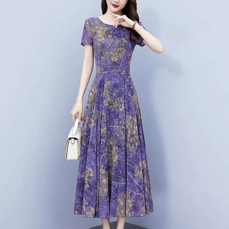 purple floral dress female 2023 summer mother plus size temperament slim belly covering slimming dress