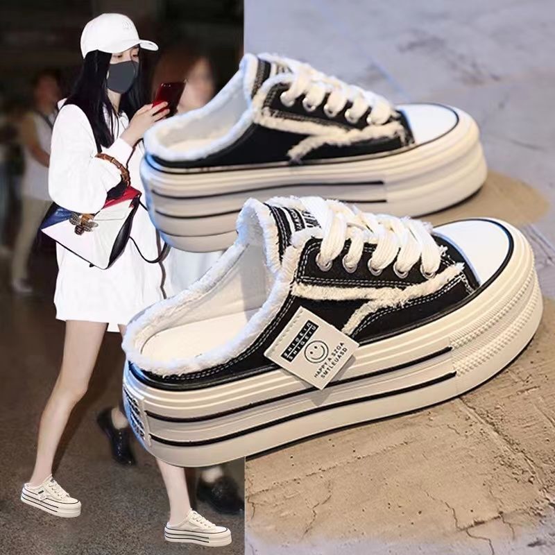 closed toe slippers women‘s summer wear 2024 new canvas shoes heel-free versatile lazy half slippers platform shoes