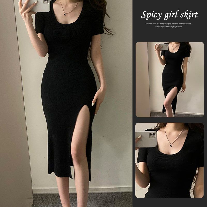 french style retro u-collar dress for women summer new slimming tight waist pure split hot girl sheath midi dress