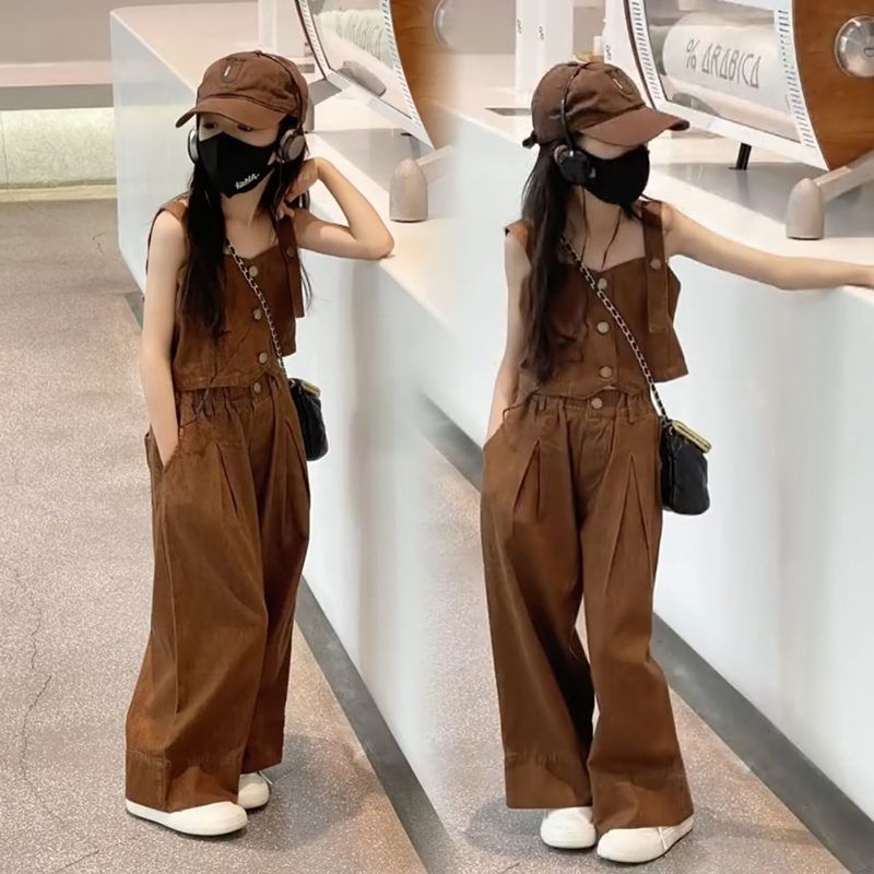 girls‘ summer suits 2024 new middle and big children‘s summer clothes little girl‘s fashionable camisole wide-leg pants two-piece suit