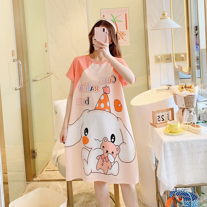 pajamas women‘s summer korean-style cute cartoon student nightdress women‘s summer loose plus size pregnant women‘s mid-length homewear