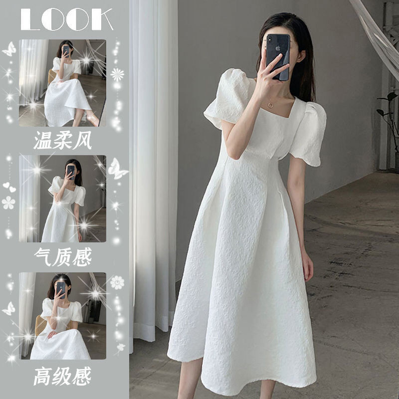 french first love pure white large swing long dress 2023 summer new square collar slimming elegant chic dress for women