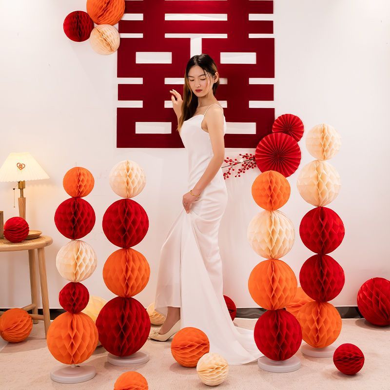 honeycomb ball column wedding chinese lantern wedding room decoration layout bride photo props big chinese character xi background wall latte art