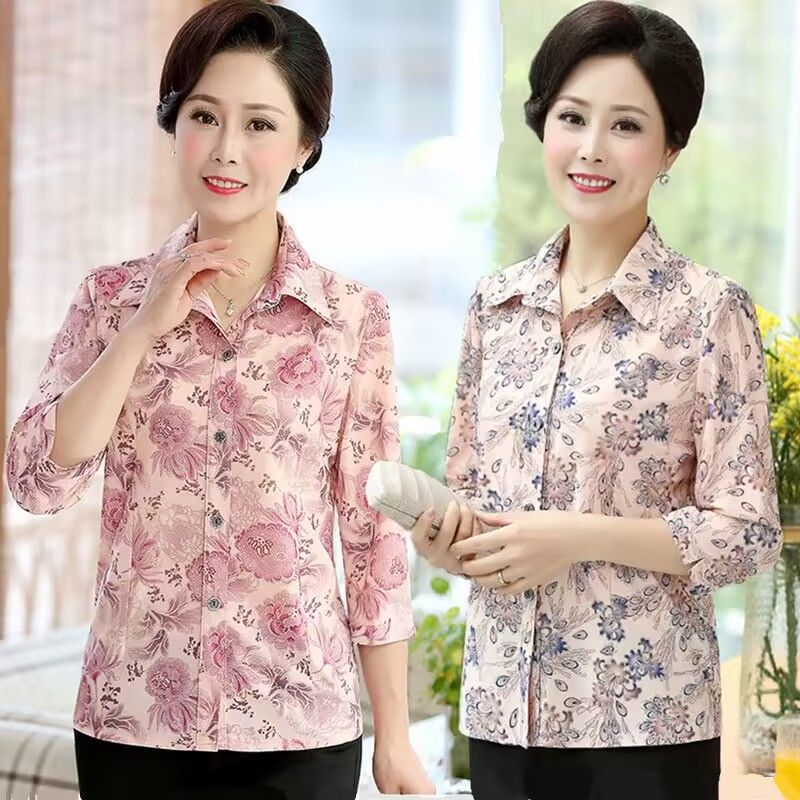 suit/single-piece middle-aged mom spring and summer shirt nine-quarter sleeve old lady grandma collar shirt female 60-70 years old