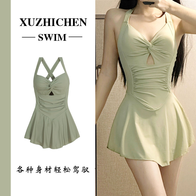 women‘s swimsuit 2023 new popular conservatively thin dress style big and small chest gathered hot spring avocado green swimming suit