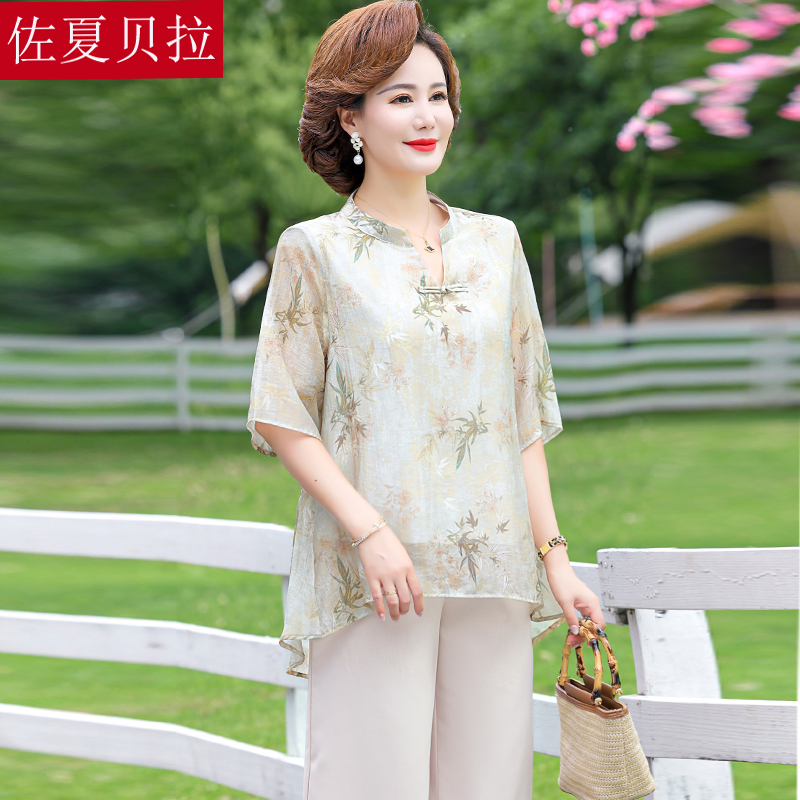 mother‘s day wear 2023 summer clothing new short sleeve chiffon shirt fashion suit middle-aged and elderly women‘s t-shirt top clothes