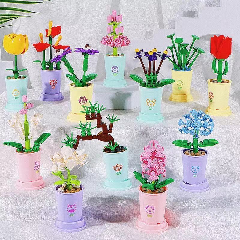 compatible with lego small particles three-dimensional building blocks zodiac flower pot assembled toys girls diy handmade desktop boys