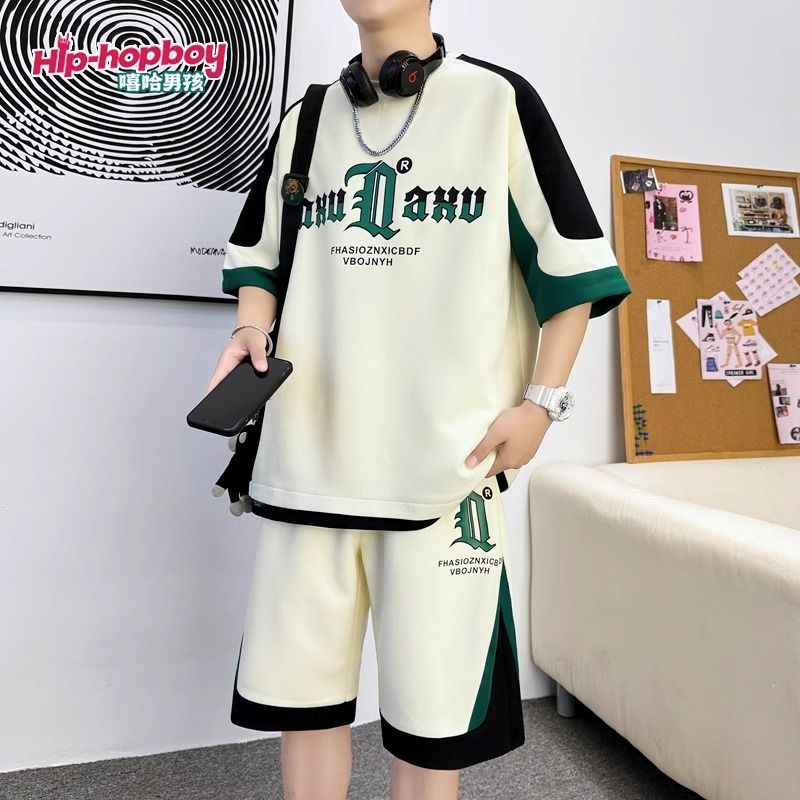 youth summer breathable pure cotton suit men‘s short-sleeved t-shirt casual sports top shorts suit a set