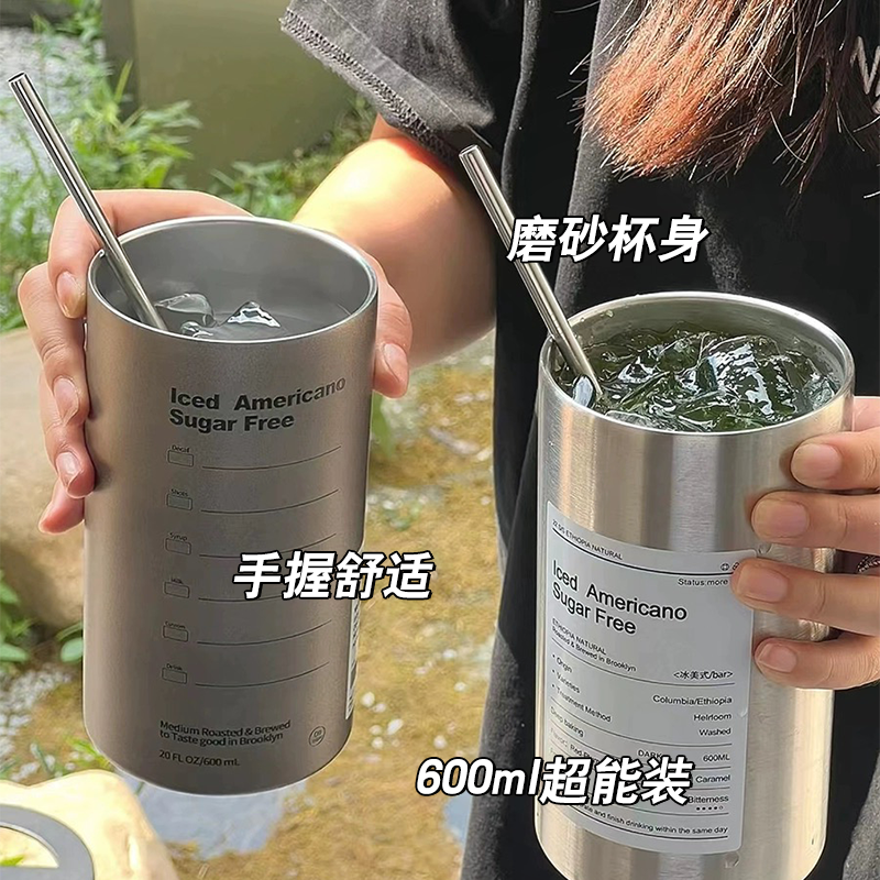 stainless steel coffee cup cold-keeping portable with cover straw large capacity ice cream portable ice water cup american good-looking cup