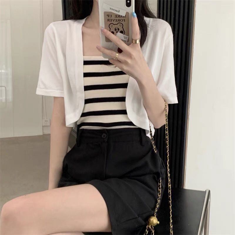 short-sleeved shawl summer with skirt small waistcoat outer wear ice silk sun protection clothing knitted cardigan women‘s thin short top