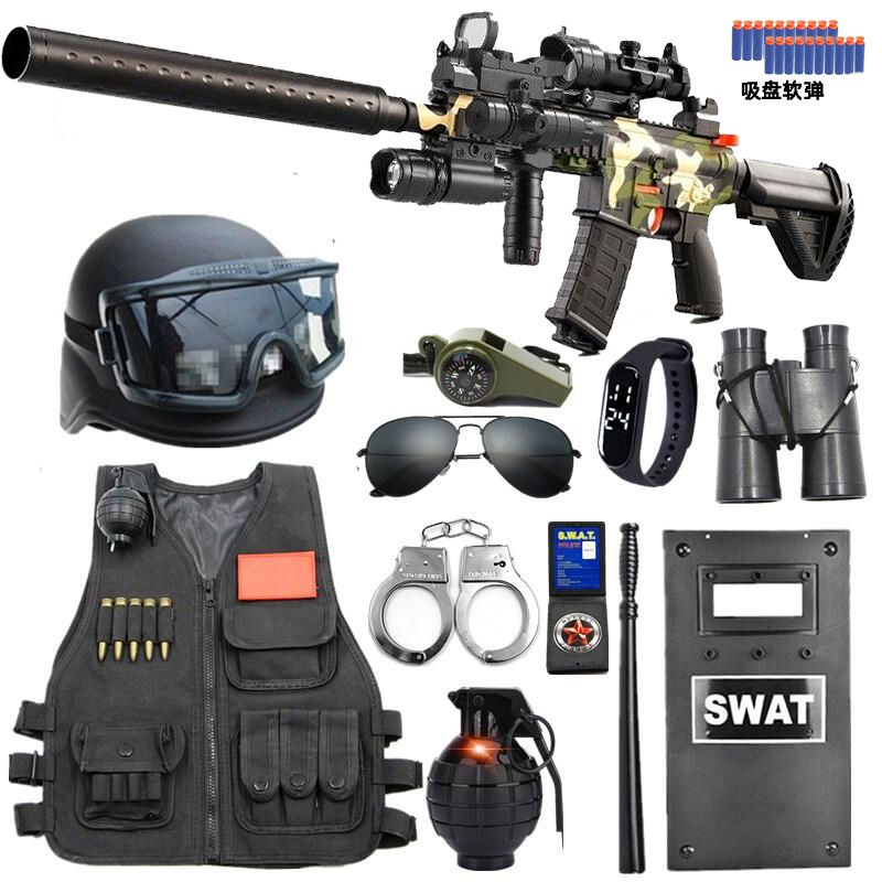 children‘s police toy gun suit special forces performance clothes toy gun black  sheriff chicken eating full set equipment