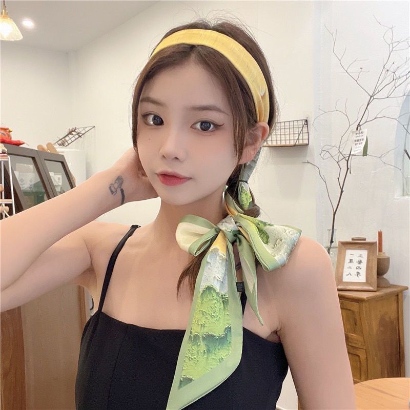 oil painting french style super long retro summer silk scarf hair band decorative double-sided scarf arm bag ribbon thin narrow long ribbon