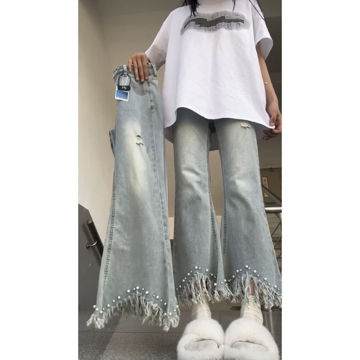 trendy pearl tassel worn jeans women‘s outer wear 2024 spring new straight slimming cropped flared pants