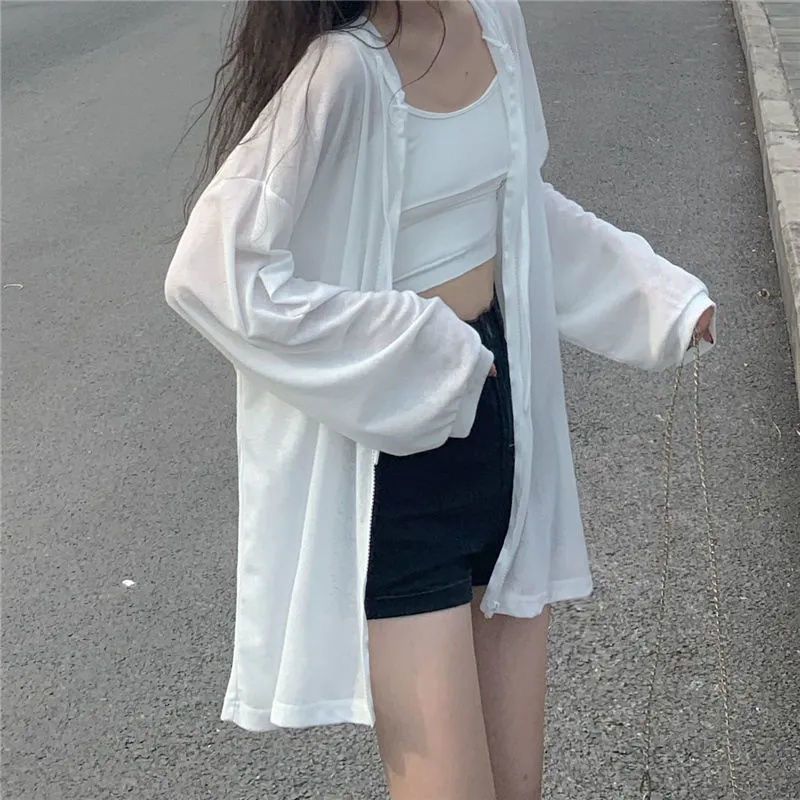 sun protection clothing women‘s outer wear ultra-thin hooded cardigan cool coat women‘s summer korean style new long sleeve loose top fashion