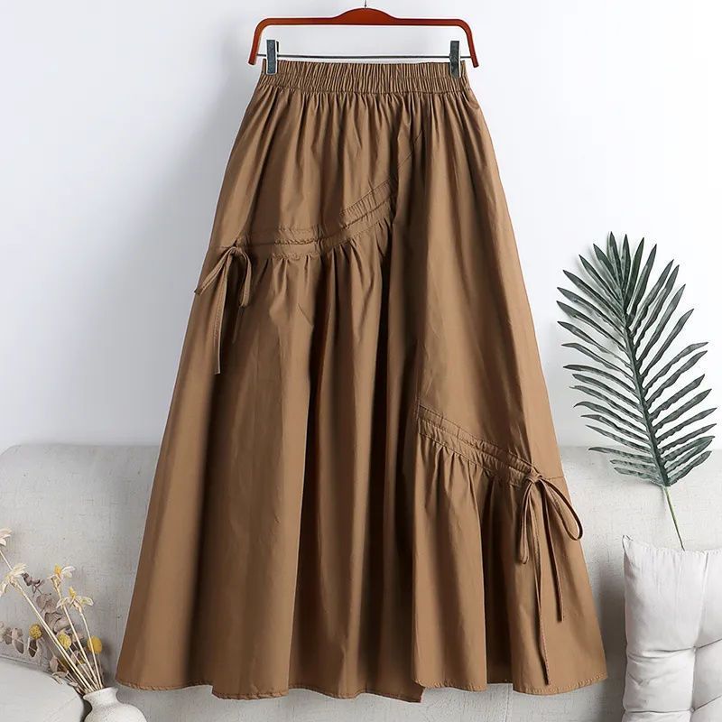 2024 summer new high waist slimming irregular lace-up mid-length big hem a- line skirt skirt for women ins