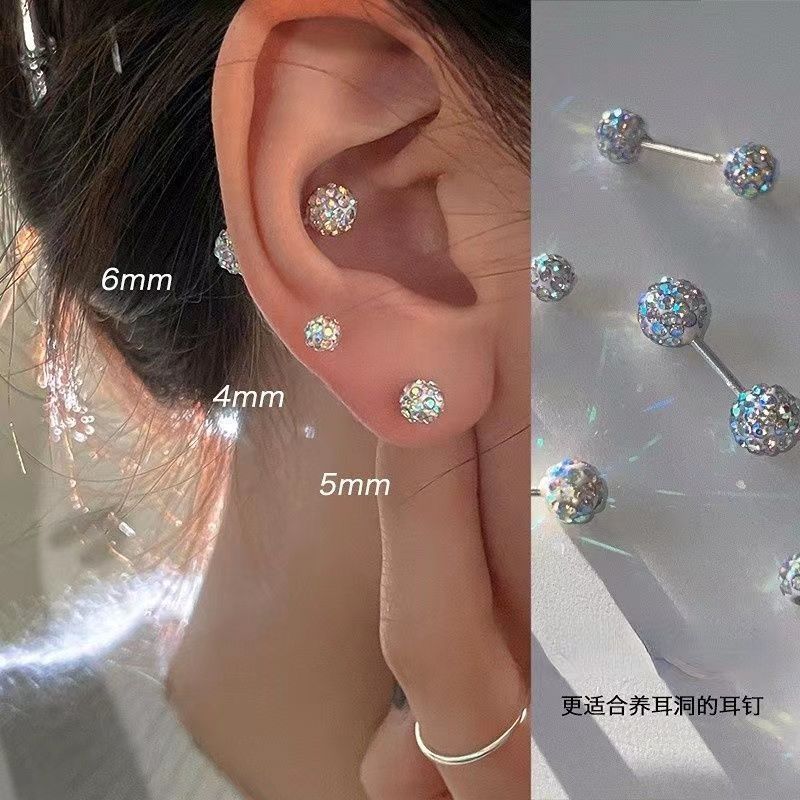 super flash zircon titanium steel needle stud earrings women‘s anti-allergy removal-free before sleep screw twist ear bone stud light luxury high-end earrings