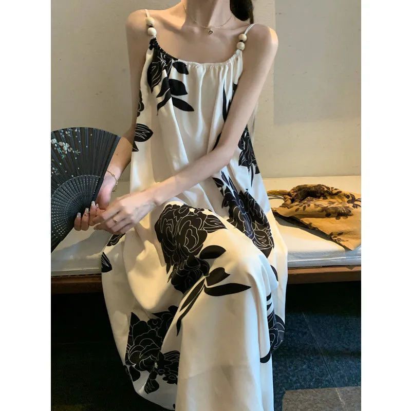 2023 new retro printed suspender skirt loose slimming midi dress women‘s summer elegance sleeveless skirt