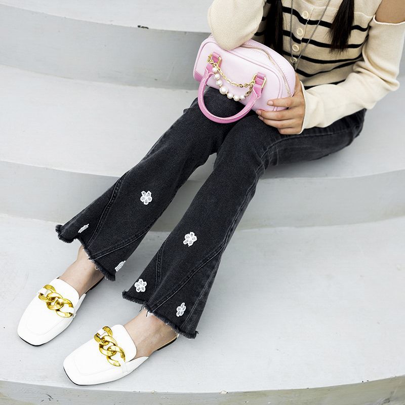 Girls' Pants Jeans Loose Spring and Autumn Outerwear Children's Clothing Children and Teens Pants Flowers Bell-Bottom Pants Korean Style Trousers