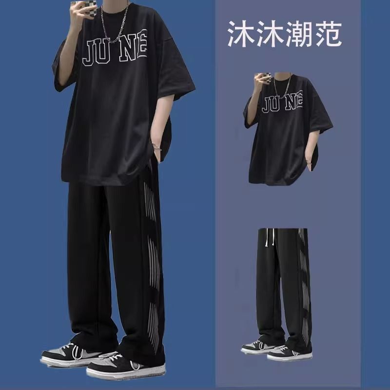 summer short-sleeved t-shirt student sports suit boys ins fashion set with youth ruoshuai two-piece set