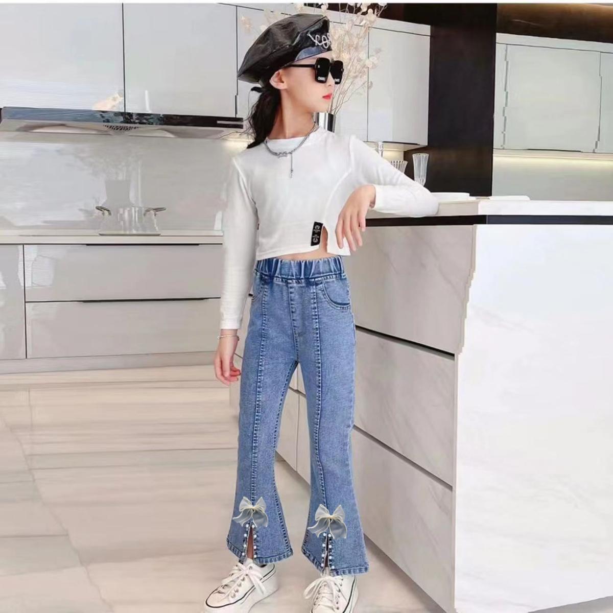 Girls' Jeans Children's Trousers Bell-Bottom Pants Spring and Autumn Medium and rge Children's Casual Baby Long Pants Thin New