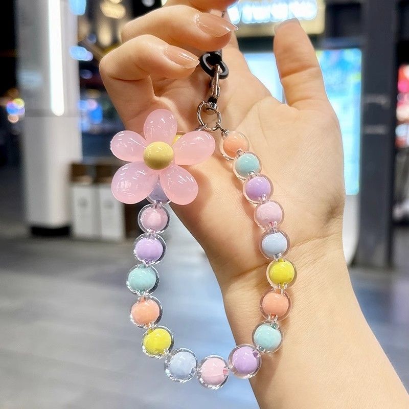 colorful macaron ins japanese and korean ins style colorful acrylic beads mobile phone lanyard handmade beaded flower mobile phone chain wrist