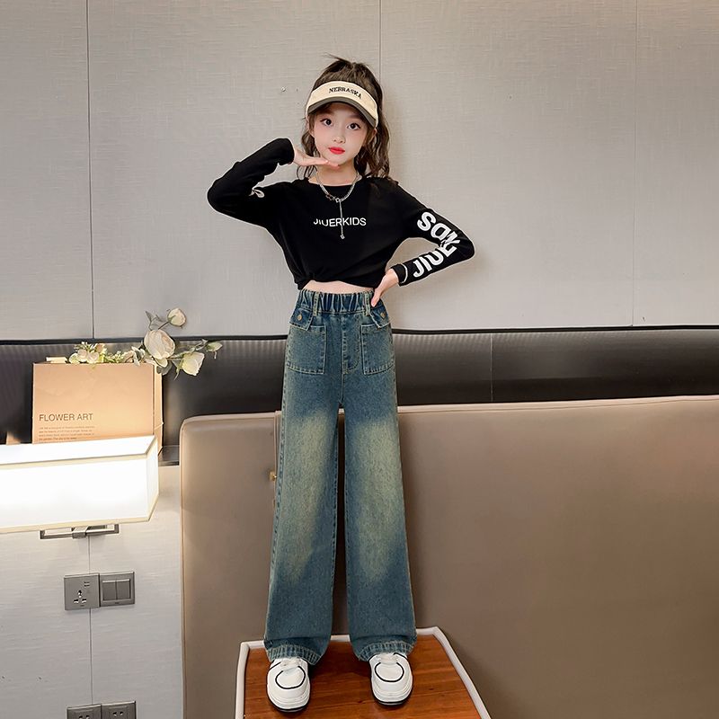 Girls' Wide-Leg Pants Spring and Autumn Clothing New Fashionable Vintage Jeans for Middle and Big Children Spring and Autumn Western Style All-Matching Straight-Leg Pants