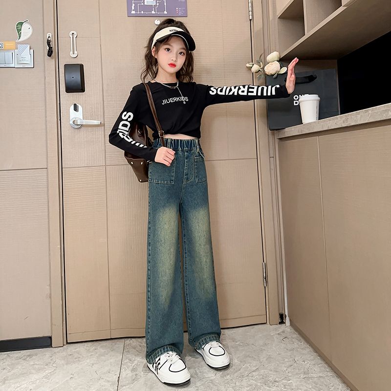 Girls' Wide-Leg Pants Spring and Autumn Clothing New Fashionable Vintage Jeans for Middle and Big Children Spring and Autumn Western Style All-Matching Straight-Leg Pants